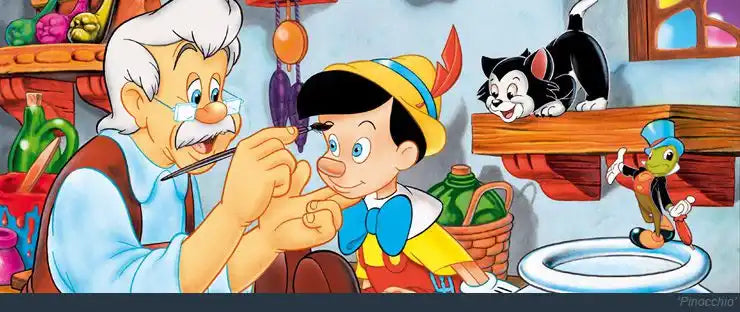 Scena animata classica del Pinocchio della Disney che mostra i personaggi interagire a un tavolo da pranzo.