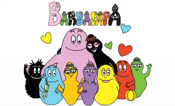 Personaggi cartoon colorati disposti in fila con la parola 'Barbapapa' sopra di loro.