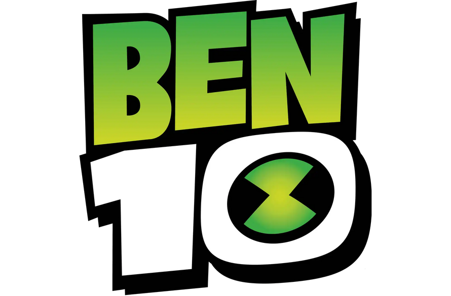 Logo per la serie animata 'Ben 10' con testo a gradiente verde e un simbolo di clessidra stilizzato.